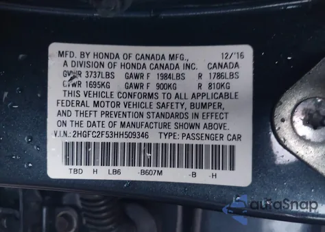 2017 Honda Civic Lx из США, поврежденный, VIN 2HGFC2F53HH509346